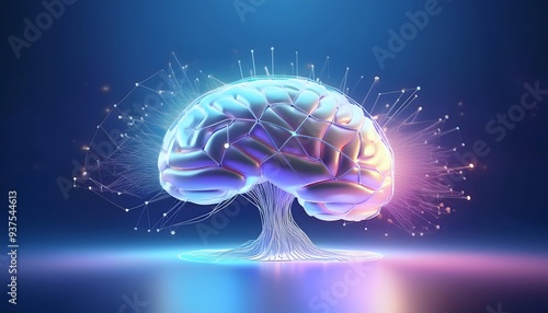 3D illustration of the human brain with LED lights in a hologram presentation concept.