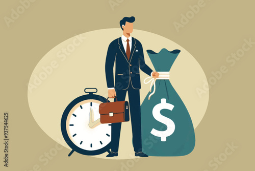 illustration of a businessman stands between money and time, as a symbol of the use of time in achieving financial success