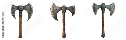 Battle axe set isolated on transparent background with wooden handle