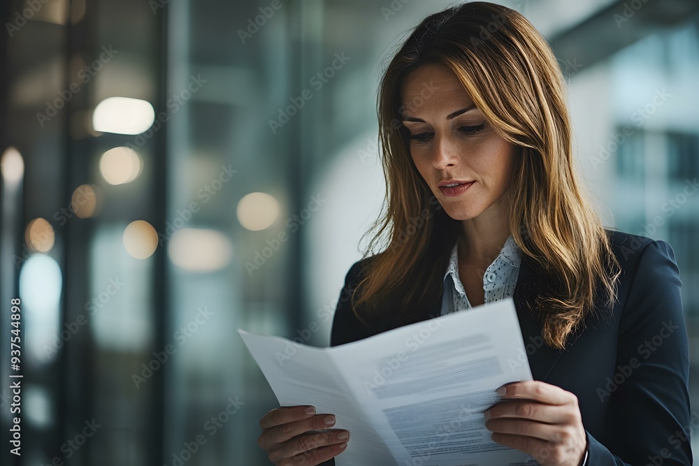 Businesswoman Reading Document in Office Businesswoman Reading Document in Office