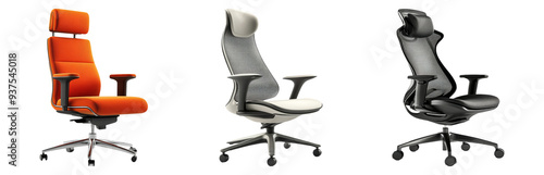 Ergonomic office chair set isolated on transparent background with adjustable features