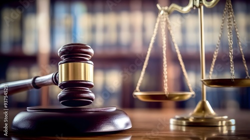 Gavel and Scales of Justice on Table with Blurred Books, Copy Space for Legal Text Stock Photo