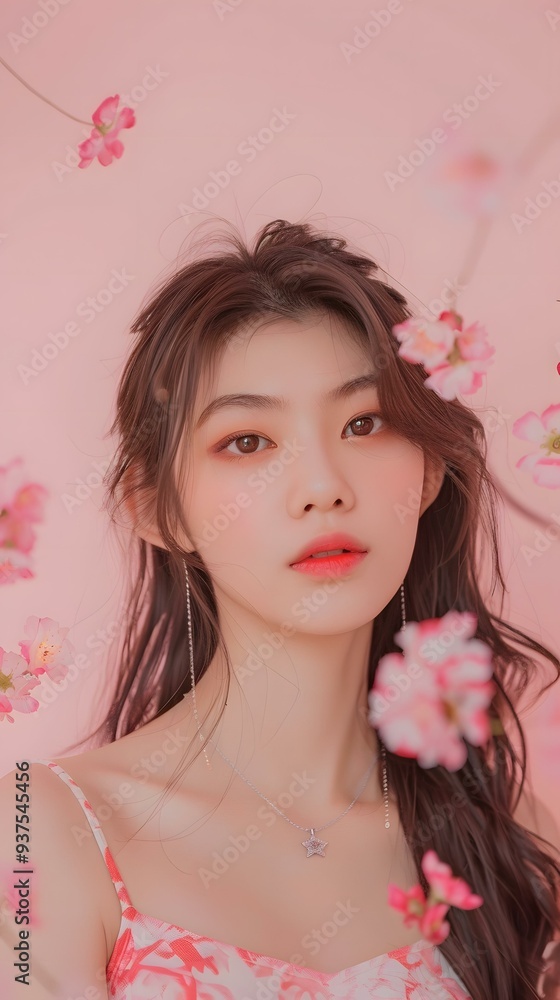 Fototapeta premium Beautiful Asian Woman With Flowers in Hair Posing for Portrait
