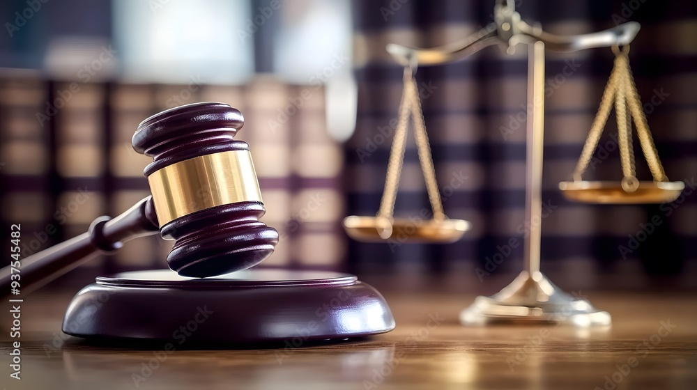 Gavel and Scales of Justice on Table with Blurred Books, Copy Space for Legal Text Stock Photo Gavel and Scales of Justice on Table with Blurred Books, Copy Space for Legal Text Stock Photo