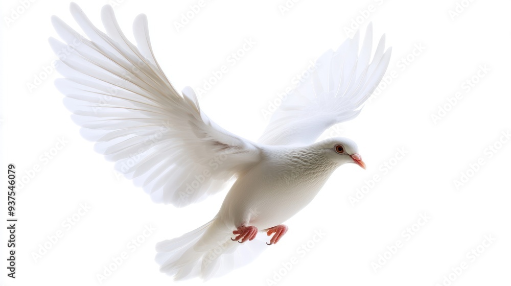 White Dove in Flight with Spread Wings Against a White Background White Dove in Flight with Spread Wings Against a White Background
