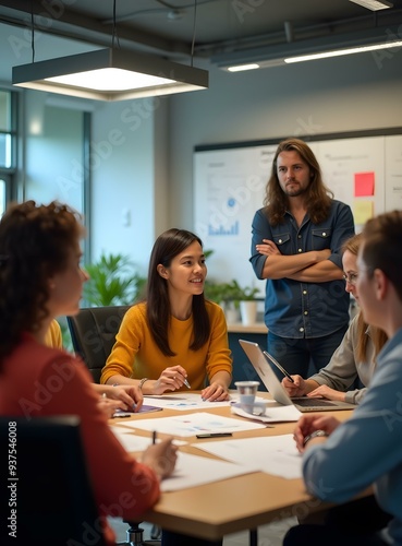 Diverse Team Brainstorming and Collaborating During a Business Meeting in a Modern Office