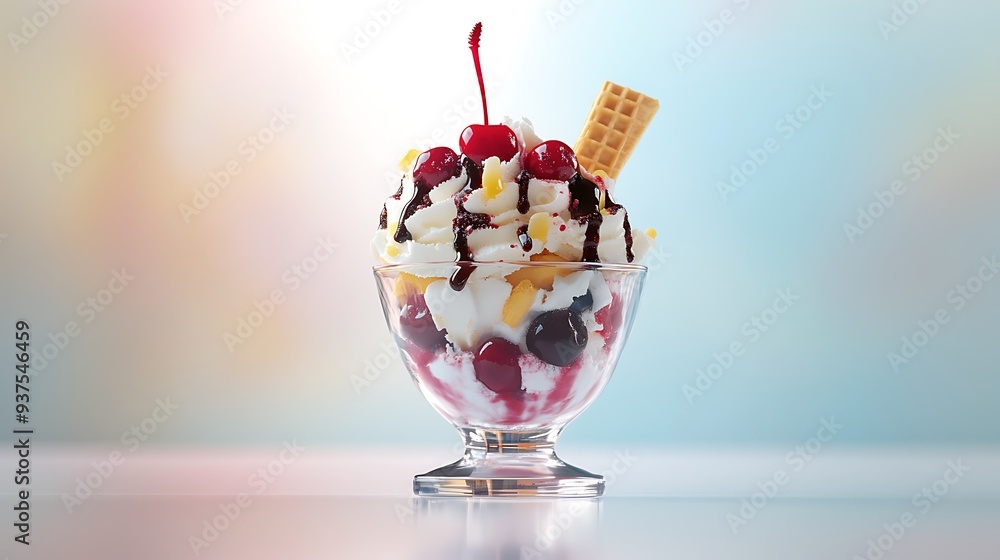 A colorful ice cream sundae in a glass bowl, topped with whipped cream, cherries, and a wafer stick. A colorful ice cream sundae in a glass bowl, topped with whipped cream, cherries, and a wafer stick.