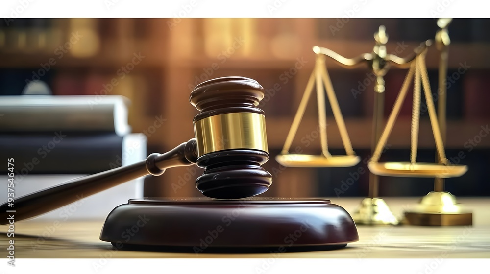 Gavel and Scales of Justice on Table with Blurred Books, Copy Space for Legal Text Stock Photo Gavel and Scales of Justice on Table with Blurred Books, Copy Space for Legal Text Stock Photo