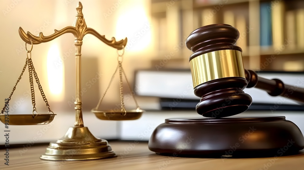 Gavel and Scales of Justice on Table with Blurred Books, Copy Space for Legal Text Stock Photo Gavel and Scales of Justice on Table with Blurred Books, Copy Space for Legal Text Stock Photo