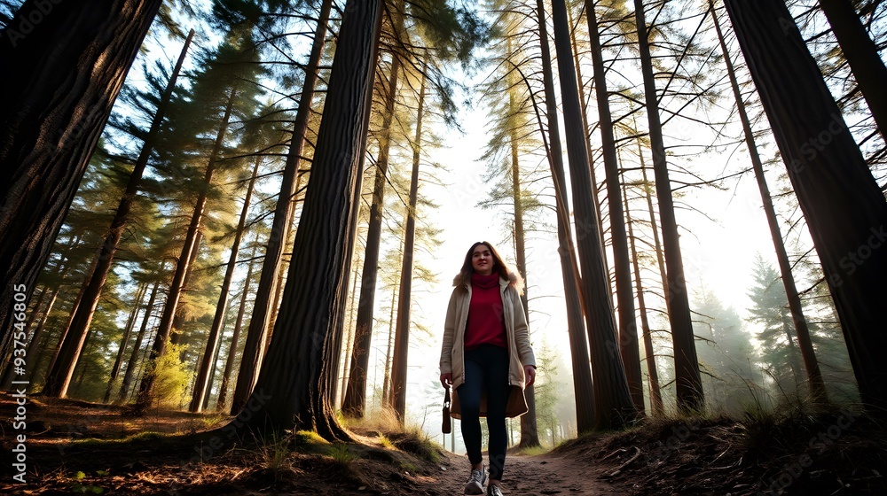 Woman Walking Through Tall Trees in a Forest Woman Walking Through Tall Trees in a Forest