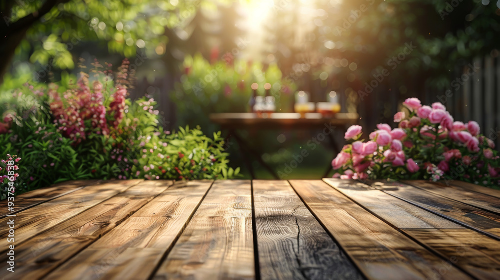 View of a wooden table top against the backdrop of a blooming garden. View of a wooden table top against the backdrop of a blooming garden.