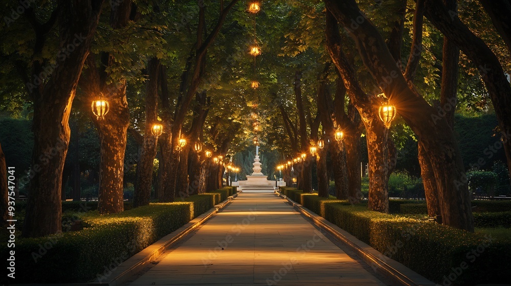 Illuminated Path Through a Tree-Lined Avenue at Night Illuminated Path Through a Tree-Lined Avenue at Night