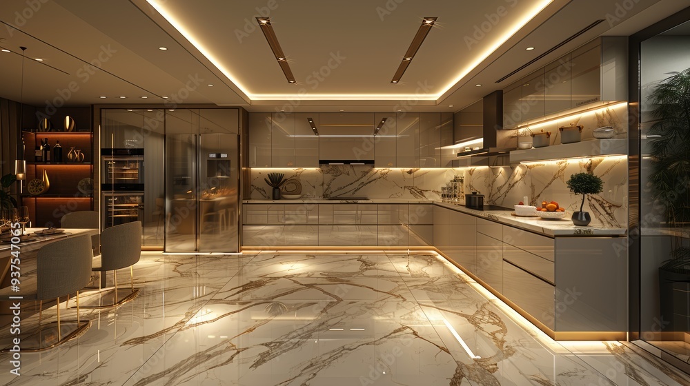 Obraz premium Modern kitchen design featuring elegant marble flooring and contemporary cabinetry with warm lighting, showcasing a stylish culinary space ideal for meal preparation at any time