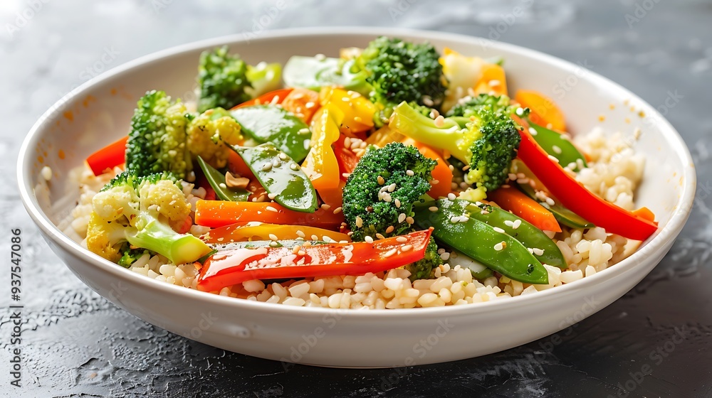 A colorful vegetable stir-fry with bell peppers, broccoli, carrots, and snap peas, served over brown rice in a white bowl. A colorful vegetable stir-fry with bell peppers, broccoli, carrots, and snap peas, served over brown rice in a white bowl.