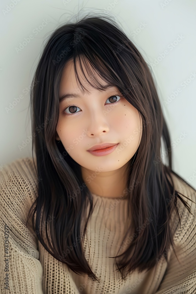 Portrait of a Young Woman with Long Black Hair and a Knit Sweater