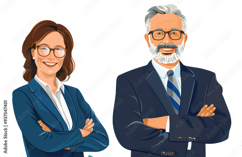 Portrait of smiling mature business man and business woman standing arms crossed Portrait of smiling mature business man and business woman standing arms crossed