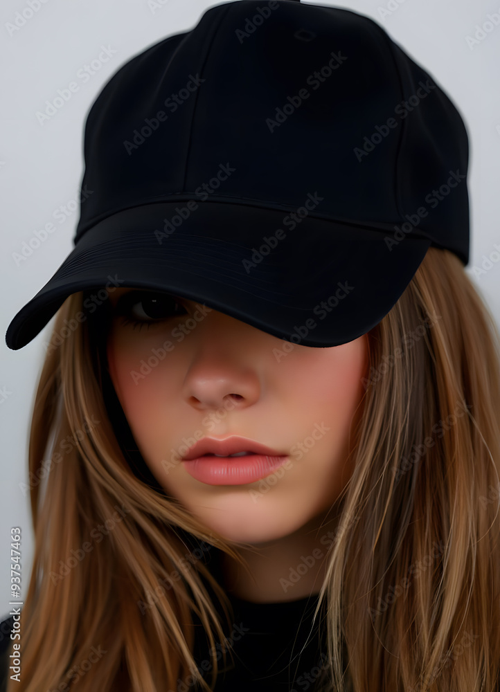 A black blank baseball cap, worn by a female with long brown hair, black baseball cap, cap for mockup, mockup A black blank baseball cap, worn by a female with long brown hair, black baseball cap, cap for mockup, mockup