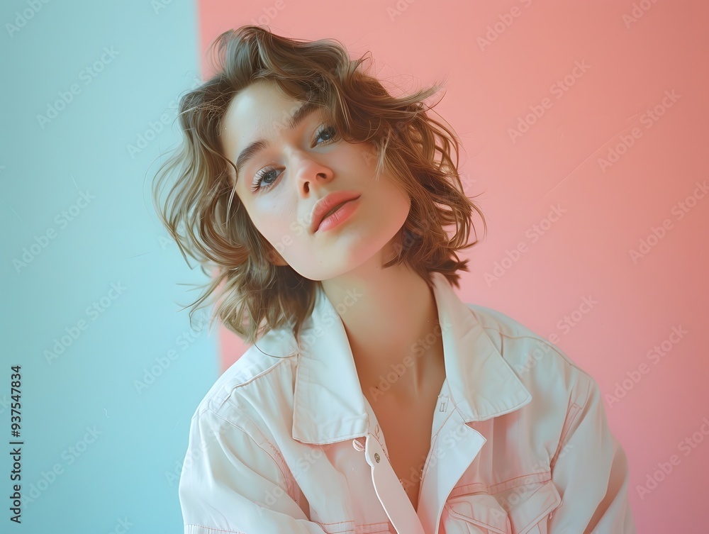 Wavy Hair Closeup of Woman with Pastel Background and Clean Skin Wavy Hair Closeup of Woman with Pastel Background and Clean Skin