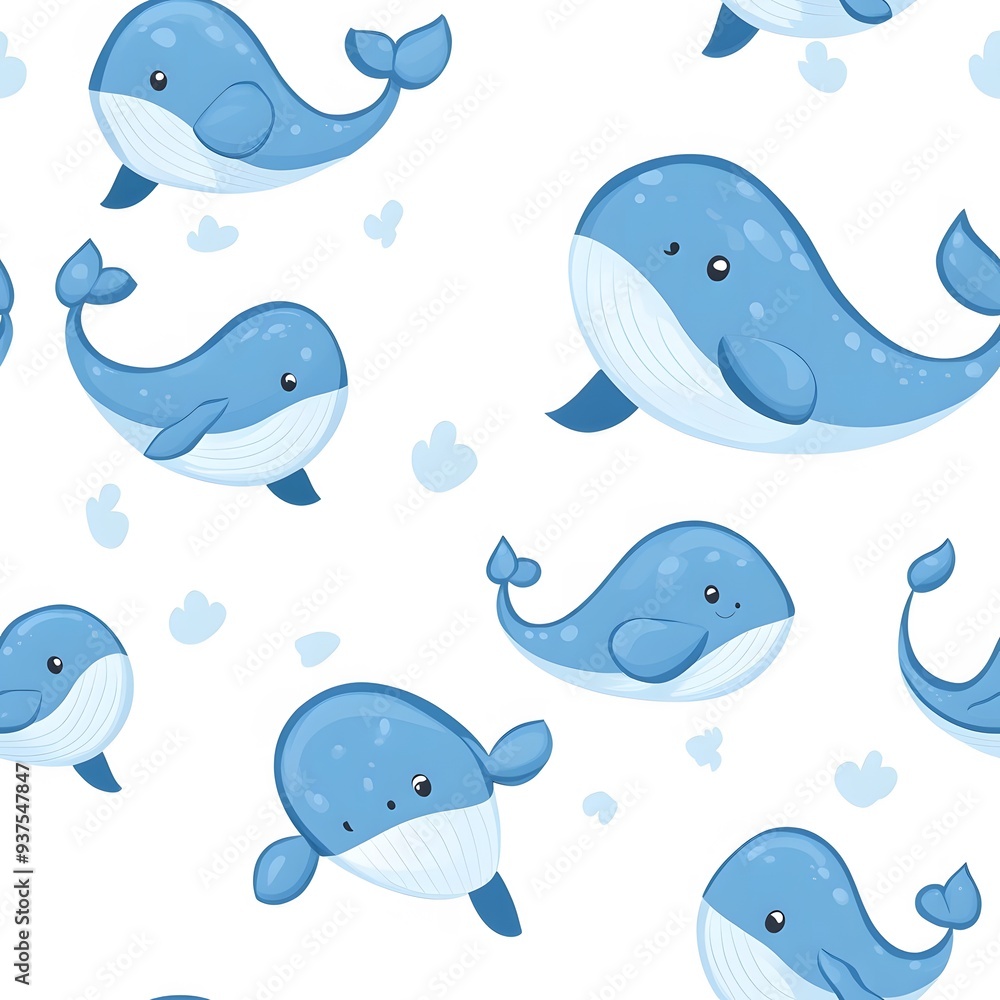 Cute cartoon blue whales, seamless pattern on a white background Cute cartoon blue whales, seamless pattern on a white background