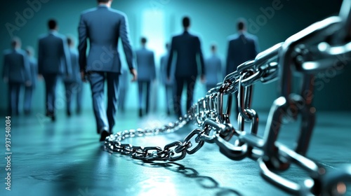 A group of businessmen in suits walk towards a light, chained together, representing conformity or corporate control.