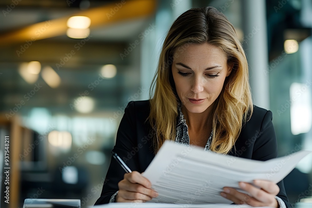 Businesswoman Reviewing Documents At Desk Businesswoman Reviewing Documents At Desk
