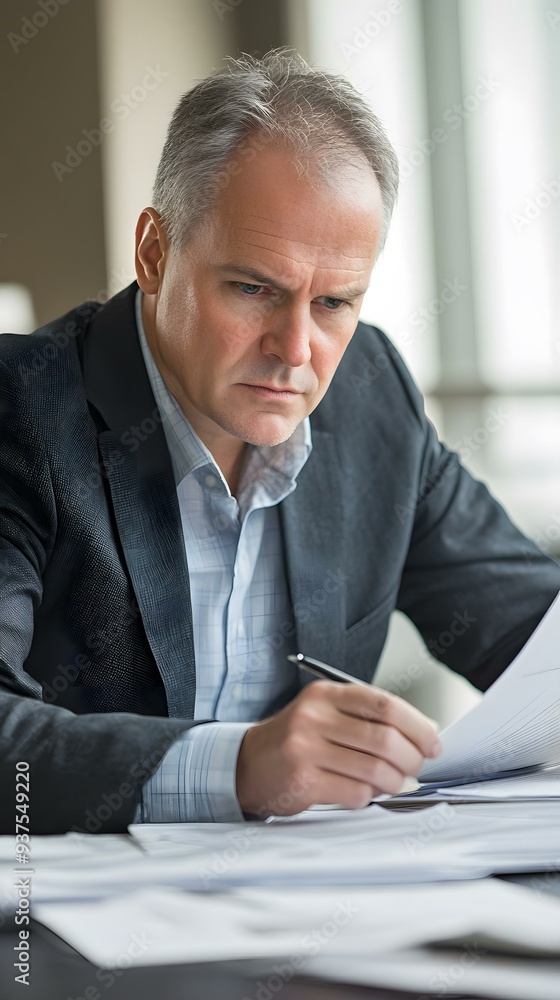 Naklejka premium Businessman Working at a Desk with Papers