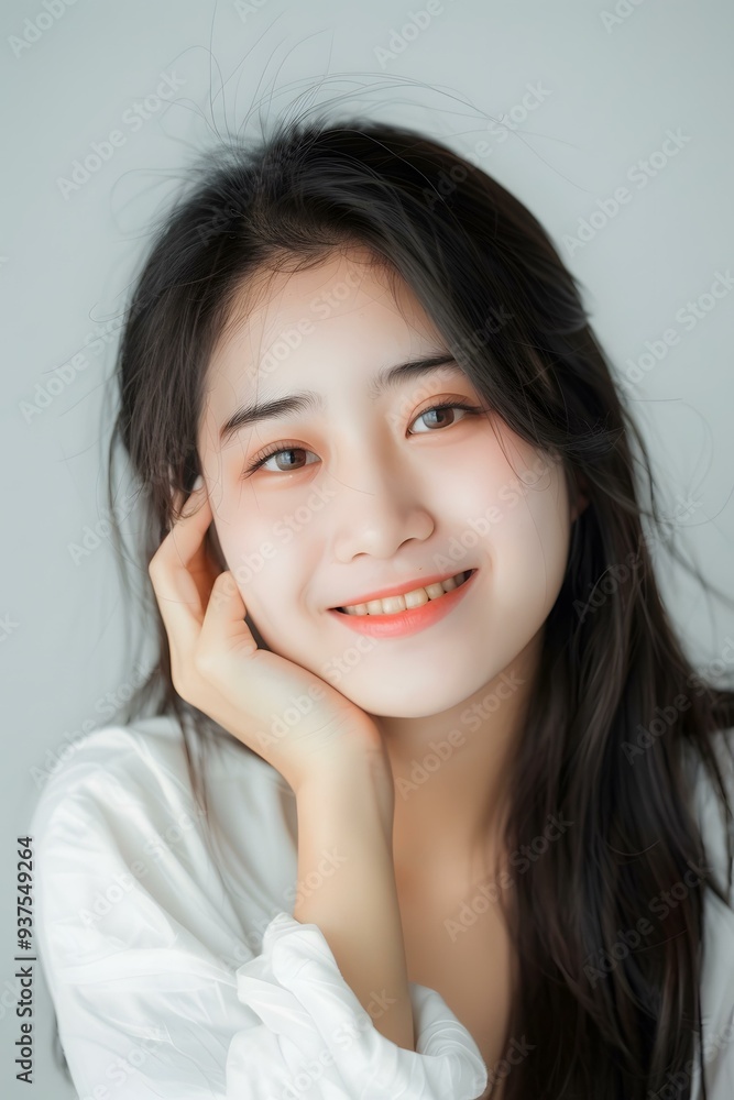 Portrait of a Smiling Asian Woman with Long Black Hair