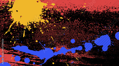 Abstract grunge paint splatter texture wall background with dynamic and bright composition. Splashes and dots of different sizes. Stock Vector Illustration.