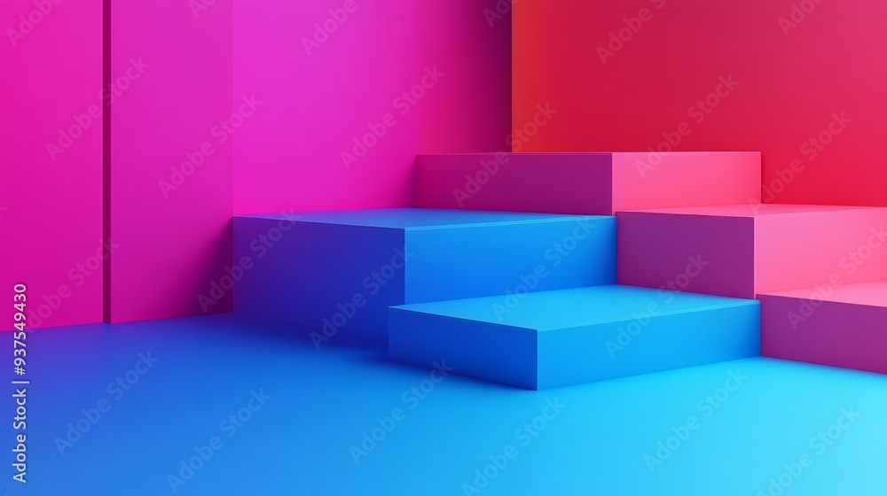 Abstract geometric background with vibrant blue, pink and purple platforms. Modern minimal design for product display. Abstract geometric background with vibrant blue, pink and purple platforms. Modern minimal design for product display.