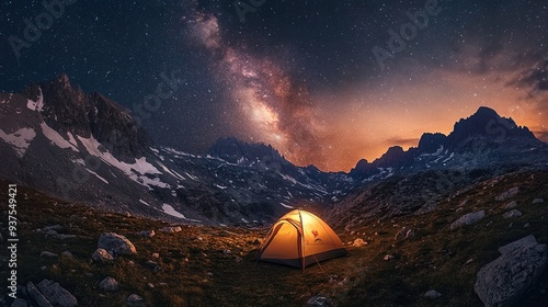 Camping in the mountains under the stars, a tent pitched up and glowing under the Milky Way, composite image. copy space for text.