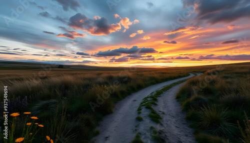 A dirt path winding through a vast, grassy meadow with wildflowers. In the distance, there are rolling hills and a dramatic, colorful sky with clouds at sunset