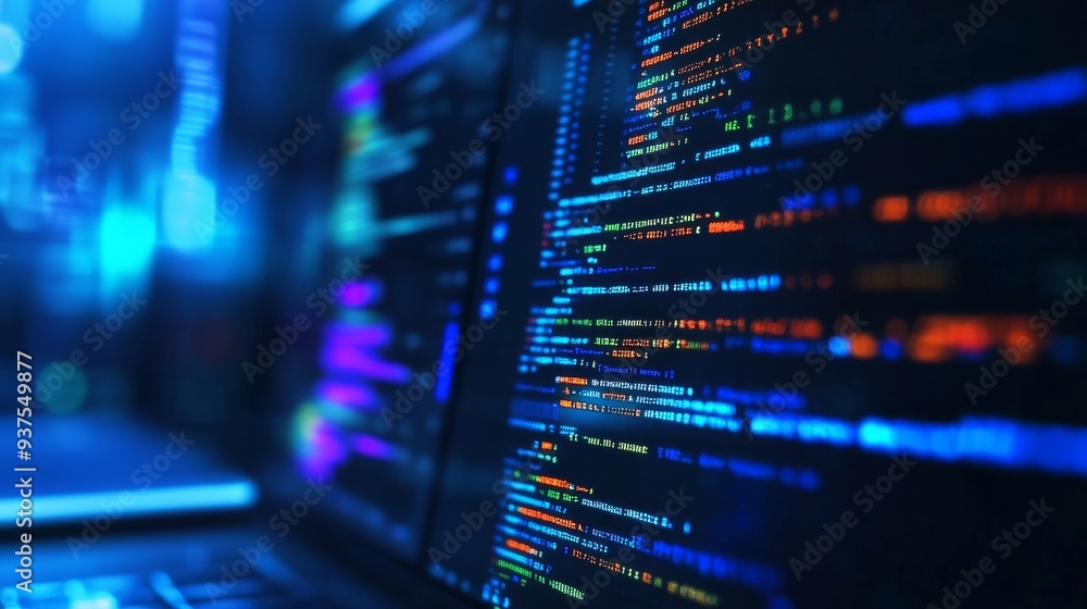 Close-up of code on a computer screen with blue and orange highlights. The code is a representation of the digital world. Close-up of code on a computer screen with blue and orange highlights. The code is a representation of the digital world.