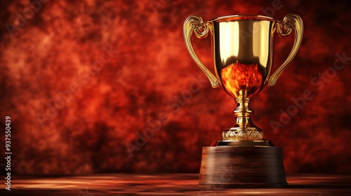 Golden trophy on a wooden base against a red background.  The trophy is a symbol of success, achievement, and victory. photo