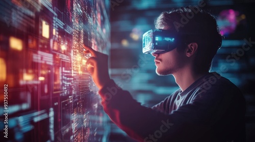 A man wearing VR headset interacts with a digital interface.