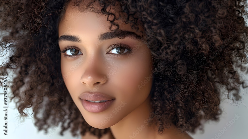 Woman with Curly Hair and Striking Eyes Looking Thoughtfully Woman with Curly Hair and Striking Eyes Looking Thoughtfully