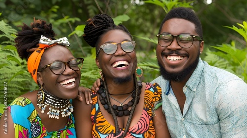 Three African American Friends Laughing Together in a Green Garden