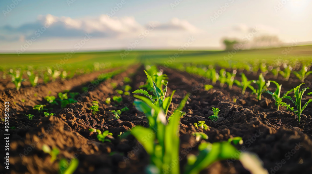 Sown agricultural field, lush harvests. The soil and crops are visible. Gardening and ecology concept. Sown agricultural field, lush harvests. The soil and crops are visible. Gardening and ecology concept.