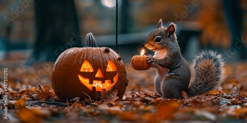 Squirrel and a Halloween pumpkin with a candle in it.