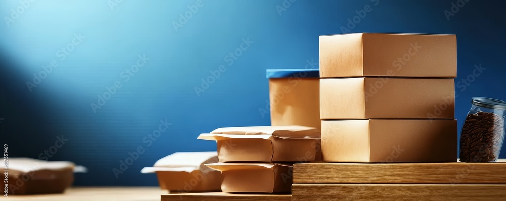 Stacked cardboard boxes on wooden surface against a blue wall. Stacked cardboard boxes on wooden surface against a blue wall.