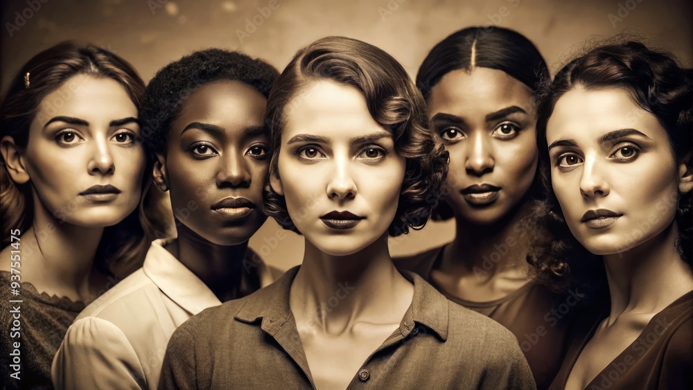 strong jaws and intent gazes of women from diverse backgrounds in sharp black and white with subtle sepia tones and film grain strong jaws and intent gazes of women from diverse backgrounds in sharp black and white with subtle sepia tones and film grain