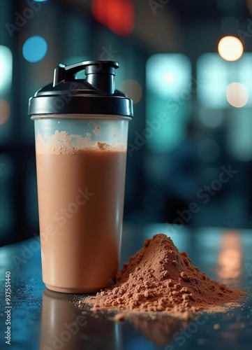 A shaker bottle filled with a chocolate vegan protein shake sits beside a scoop of powder on a glossy table, with a blurry gym background and dim light.	
 photo