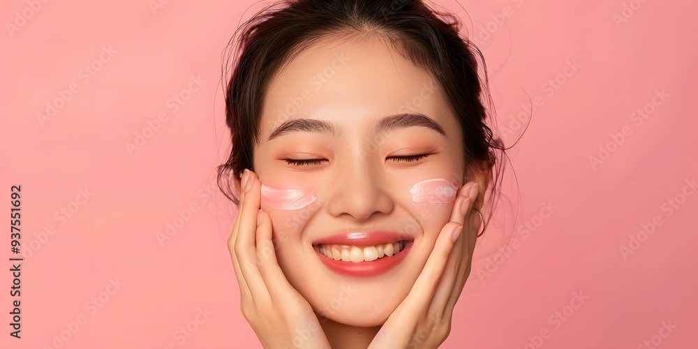 Smiling Asian Woman Applying Face Cream On Pink Background Smiling Asian Woman Applying Face Cream On Pink Background