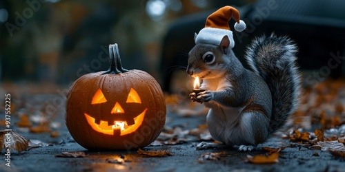 A squirrel with a Santa hat and a Halloween pumpkin with a candle in it.