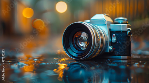 Close-up of a dark camera standing on wet dark asphalt. photo