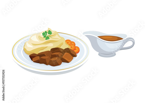 Mashed potatoes with meat and gravy vector illustration. Mashed potatoes and beef on a plate icon vector isolated on a white background. Gravy sauce boat drawing