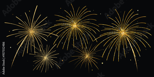 Set of new year firework vector illustration. Collection of golden fireworks, star, gold foil on dark background. Art design suitable for decoration, print, poster, banner, wallpaper, card, cover.