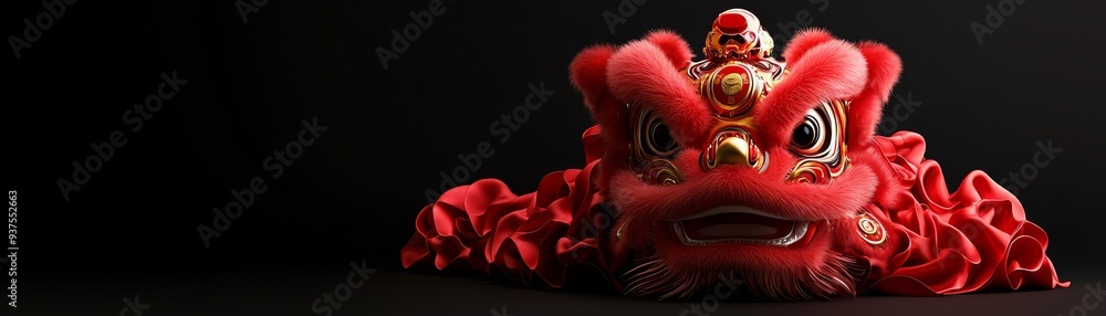 Naklejka premium A 3D Chinese lion dance costume with soft lighting, symbolizing the joy and vibrancy of Chinese New Year.