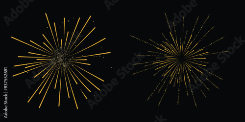 Set of new year firework vector illustration. Collection of golden fireworks, star, gold foil on dark background. Art design suitable for decoration, print, poster, banner, wallpaper, card, cover.