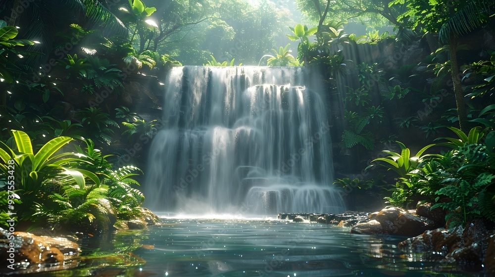 Lush,Vibrant Tropical Rainforest with Cascading Waterfalls and Exotic Plants Lush,Vibrant Tropical Rainforest with Cascading Waterfalls and Exotic Plants