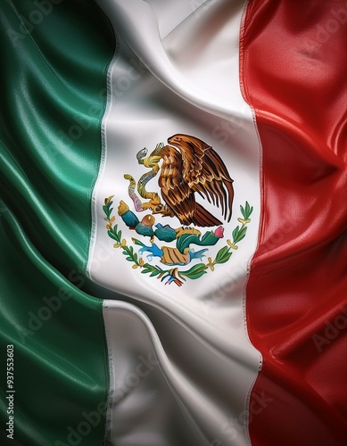 A highly detailed wallpaper of Mexico’s flag, focusing on the intricate textures of the coat of arms in the center, with realistic shadows and a slightly textured fabric